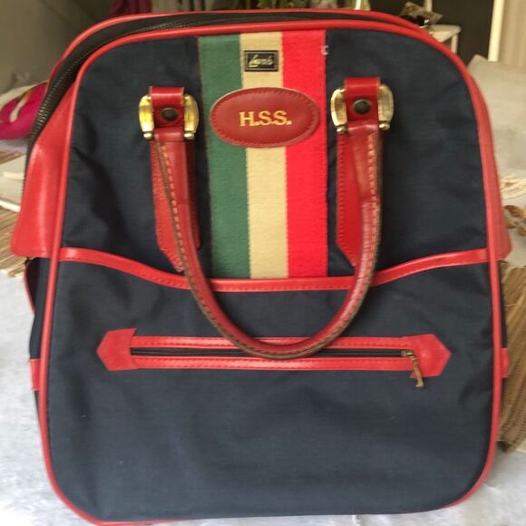 Vintage Lark Nylon and leather travel bag. Stripe trim.